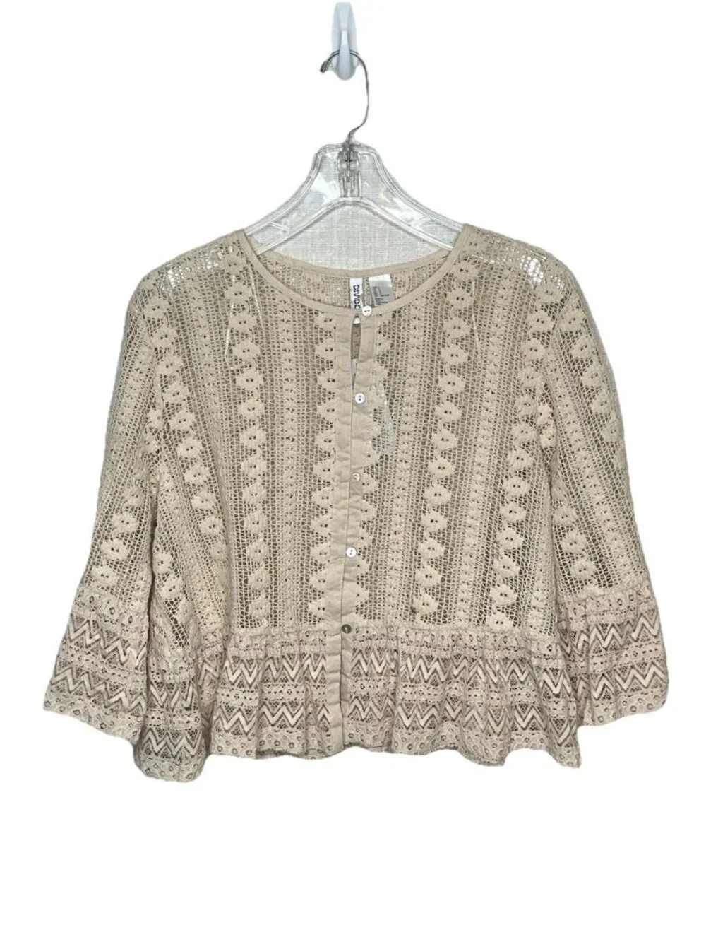 H&M Lace Crochet Peplum Blouse L Beige Boho Bell Sleeve Cotton Prairie Festival